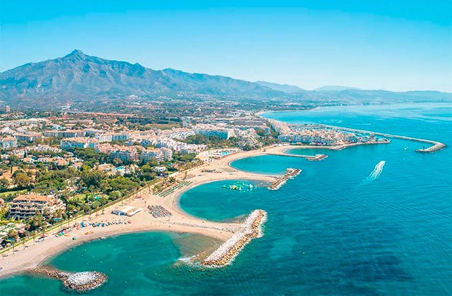 Puerto Banus beach, mountain and sea view, Marbella, Costa del Sol, Spain  Stock Photo