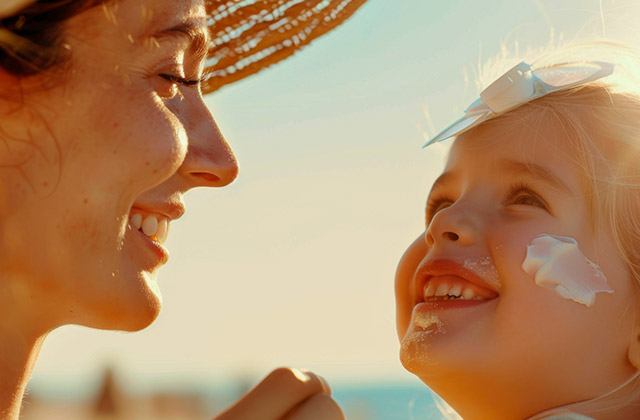 Madre hija aplicación crema solar